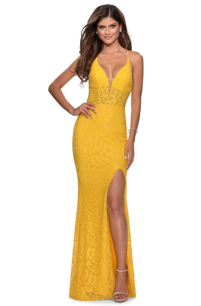 V-neck Sleeveless Spaghetti Strap Mermaid Lace Plunging Neck Corset Natural Waistline Slit Sheer Back Zipper Prom Dress with a Brush/Sweep Train With Rhinestones