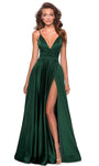 A-line V-neck Empire Waistline Plunging Neck Floor Length Slit V Back Pleated Faux Wrap Back Zipper Fitted Sleeveless Satin Prom Dress with a Brush/Sweep Train