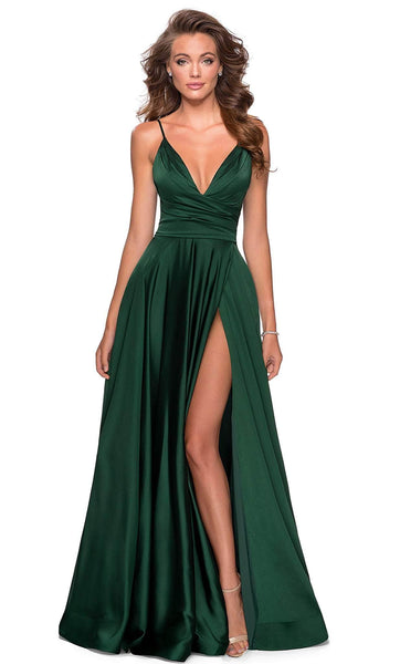 A-line V-neck Floor Length Plunging Neck Sleeveless Empire Waistline Slit V Back Pleated Back Zipper Faux Wrap Fitted Satin Prom Dress with a Brush/Sweep Train