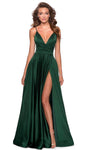 A-line V-neck Plunging Neck Sleeveless Empire Waistline V Back Fitted Slit Faux Wrap Pleated Back Zipper Satin Floor Length Prom Dress with a Brush/Sweep Train