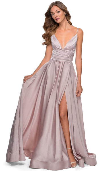 A-line V-neck Plunging Neck Satin Back Zipper Fitted Slit V Back Faux Wrap Pleated Empire Waistline Floor Length Sleeveless Prom Dress with a Brush/Sweep Train
