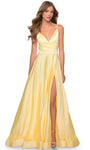 A-line V-neck Sleeveless Satin Plunging Neck Faux Wrap Slit Fitted V Back Back Zipper Pleated Floor Length Empire Waistline Prom Dress with a Brush/Sweep Train