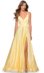A-line V-neck Sleeveless Satin Plunging Neck Floor Length Back Zipper Slit Faux Wrap Pleated Fitted V Back Empire Waistline Prom Dress with a Brush/Sweep Train