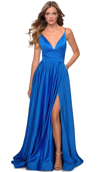 A-line V-neck Plunging Neck Fitted Back Zipper Faux Wrap V Back Pleated Slit Sleeveless Empire Waistline Floor Length Satin Prom Dress with a Brush/Sweep Train