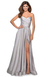 A-line Strapless Slit Wrap Back Zipper Ruched Pocketed Satin Sweetheart Floor Length Natural Waistline Prom Dress