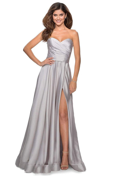 A-line Strapless Satin Floor Length Sweetheart Ruched Pocketed Back Zipper Wrap Slit Natural Waistline Prom Dress