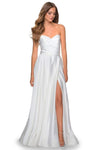 A-line Strapless Floor Length Wrap Slit Ruched Back Zipper Pocketed Natural Waistline Satin Sweetheart Prom Dress