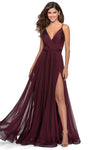 Sophisticated A-line V-neck Open-Back Ruched Slit Back Zipper Pleated Shirred Spaghetti Strap Chiffon Natural Waistline Floor Length Dress with a Brush/Sweep Train