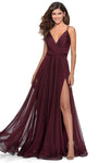 Sophisticated A-line V-neck Floor Length Chiffon Spaghetti Strap Slit Ruched Open-Back Shirred Pleated Back Zipper Natural Waistline Dress with a Brush/Sweep Train