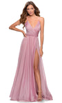 Sophisticated A-line V-neck Floor Length Chiffon Back Zipper Open-Back Shirred Slit Pleated Ruched Natural Waistline Spaghetti Strap Dress with a Brush/Sweep Train