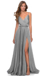 Sophisticated A-line V-neck Spaghetti Strap Open-Back Back Zipper Pleated Ruched Slit Shirred Natural Waistline Chiffon Floor Length Dress with a Brush/Sweep Train