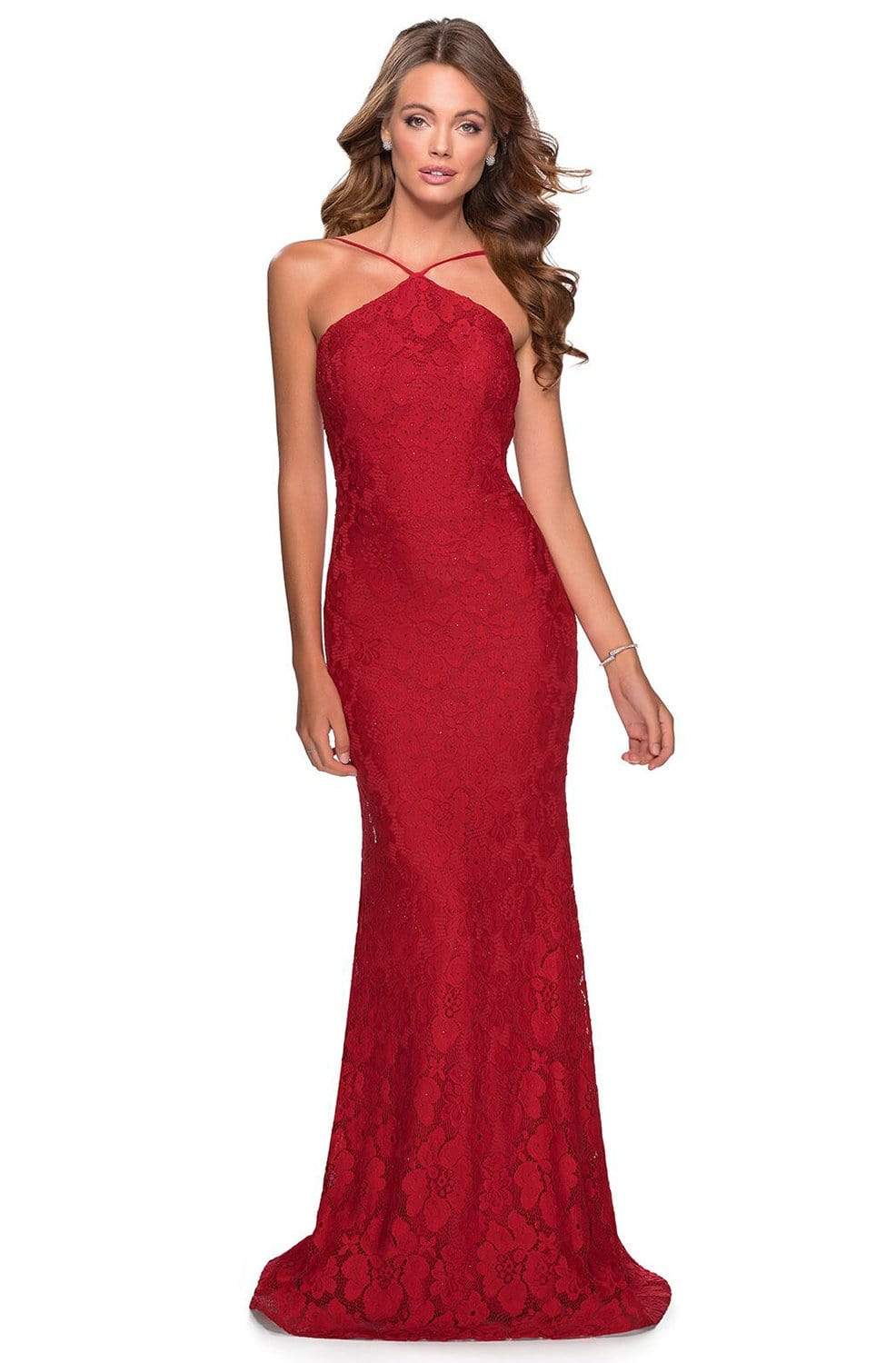 La Femme - 28619 Lace Applique Halter Sheath Dress
