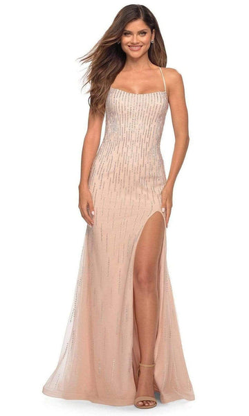 Scoop Neck Beaded Slit Lace-Up Spaghetti Strap Natural Waistline Mermaid Tulle Dress with a Brush/Sweep Train
