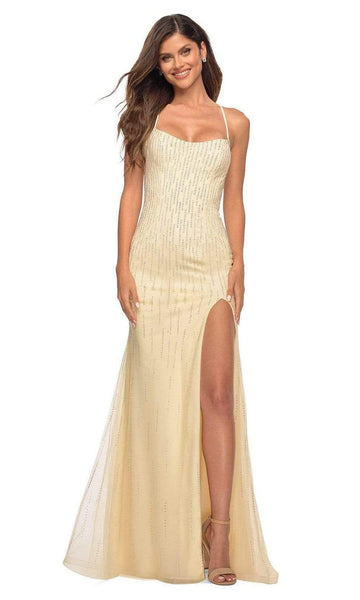 Mermaid Tulle Spaghetti Strap Scoop Neck Natural Waistline Beaded Lace-Up Slit Dress with a Brush/Sweep Train