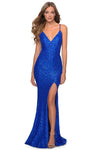 Sexy V-neck Lace Floor Length Natural Waistline Plunging Neck Sleeveless Spaghetti Strap Sheath Slit Sequined Open-Back Fitted Sheath Dress/Evening Dress with a Brush/Sweep Train