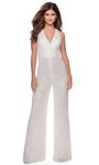 V-neck Halter Plunging Neck Natural Waistline Sleeveless Open-Back Sequined Cutout Fitted Evening Dress/Jumpsuit