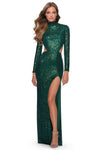 Sexy Long Sleeves Open-Back Sequined Fitted Slit Sheath High-Neck Sheath Dress with a Brush/Sweep Train