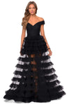 A-line V-neck Ruched Tiered Open-Back Back Zipper Sheer Off the Shoulder Natural Waistline Tulle Prom Dress with a Brush/Sweep Train With Ruffles