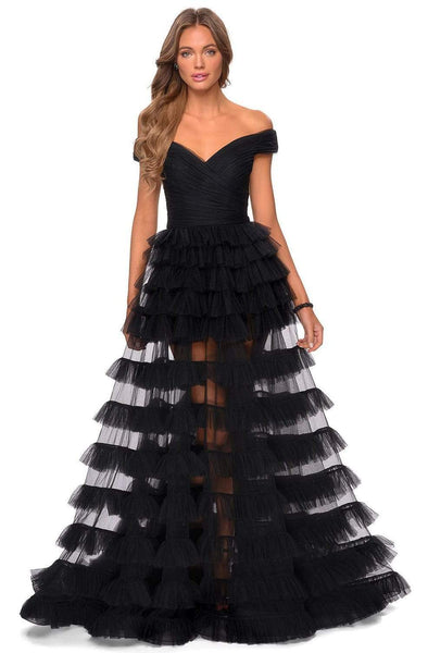 A-line V-neck Natural Waistline Open-Back Sheer Ruched Tiered Back Zipper Off the Shoulder Tulle Prom Dress with a Brush/Sweep Train With Ruffles