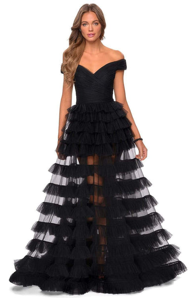 A-line V-neck Tulle Back Zipper Open-Back Sheer Tiered Ruched Natural Waistline Off the Shoulder Prom Dress with a Brush/Sweep Train With Ruffles