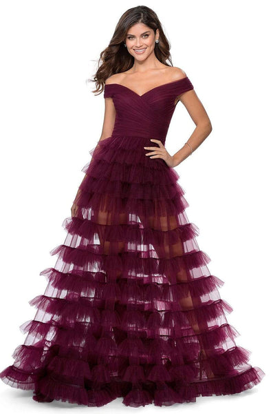 A-line V-neck Tulle Natural Waistline Back Zipper Open-Back Sheer Ruched Tiered Off the Shoulder Prom Dress with a Brush/Sweep Train With Ruffles