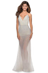 V-neck Sheath Natural Waistline Beaded Fitted Open-Back Sheer Tulle Sleeveless Spaghetti Strap Floor Length Plunging Neck Sheath Dress with a Brush/Sweep Train With Rhinestones