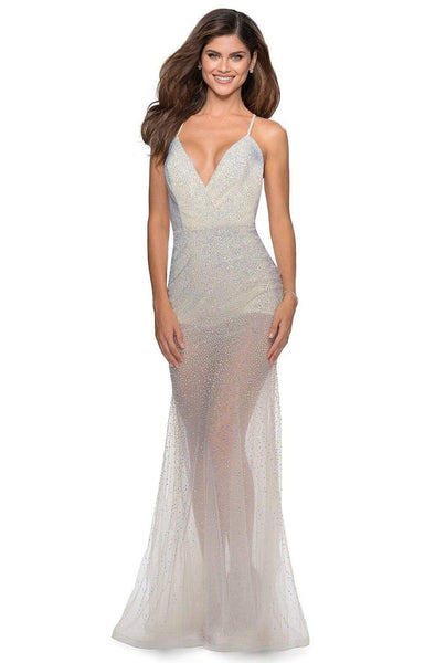 V-neck Sheath Plunging Neck Floor Length Beaded Open-Back Sheer Fitted Sleeveless Spaghetti Strap Tulle Natural Waistline Sheath Dress with a Brush/Sweep Train With Rhinestones