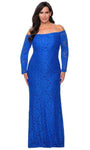 Sheath Lace Long Sleeves Off the Shoulder Back Zipper Fitted Natural Waistline Sheath Dress/Party Dress with a Brush/Sweep Train