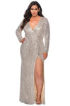 V-neck Natural Waistline Back Zipper Sequined Slit Wrap Long Sleeves Sheath Sheath Dress with a Brush/Sweep Train