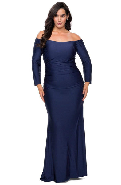 Plus Size Sheath Natural Waistline Floor Length Jersey Long Sleeves Off the Shoulder Fitted Open-Back Back Zipper Sheath Dress/Evening Dress/Prom Dress with a Brush/Sweep Train