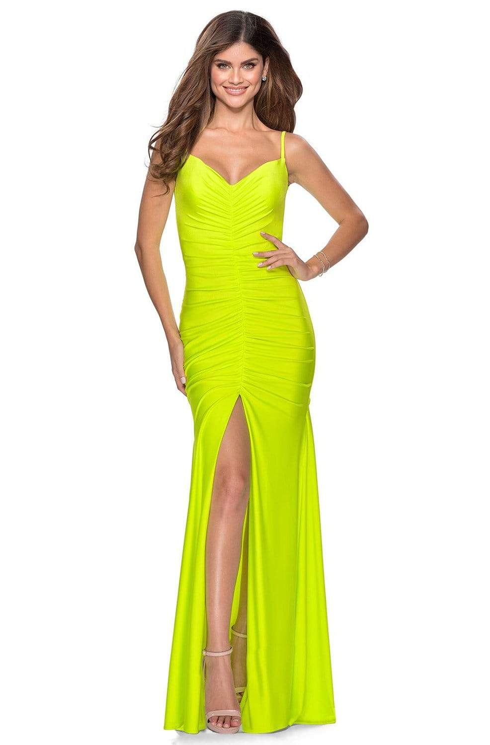 La Femme - 28891 Deep V-Neck Ruched Sheath Dress
