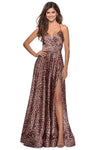 A-line V-neck Satin Animal Print Sleeveless Halter Plunging Neck Corset Natural Waistline Open-Back Lace-Up Slit Back Zipper Dress with a Brush/Sweep Train