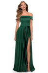 Sophisticated Modest A-line Fitted Slit Back Zipper Pocketed Natural Waistline Off the Shoulder Satin Prom Dress with a Brush/Sweep Train