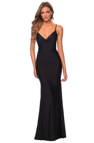 V-neck Natural Waistline Jersey Floor Length Sleeveless Spaghetti Strap Open-Back Fitted Sheath Sheath Dress with a Brush/Sweep Train
