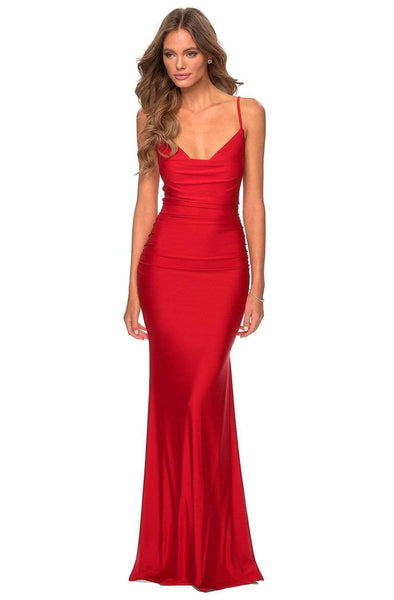 V-neck Fitted Open-Back Natural Waistline Floor Length Sleeveless Spaghetti Strap Sheath Jersey Sheath Dress with a Brush/Sweep Train