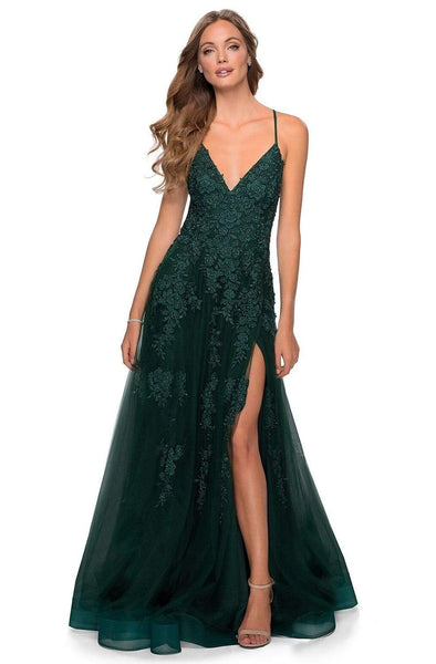 A-line V-neck Sleeveless Spaghetti Strap Floor Length Plunging Neck Embroidered Slit Fitted Lace-Up Natural Waistline Floral Print Prom Dress with a Brush/Sweep Train With Rhinestones