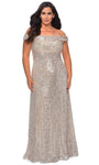 Plus Size A-line Floor Length Natural Waistline Open-Back Back Zipper Sequined Fitted Off the Shoulder Prom Dress