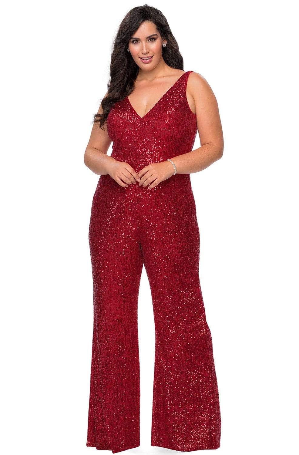 La Femme - 29003 Sequined V-neck Plus Size Prom Jumpsuit
