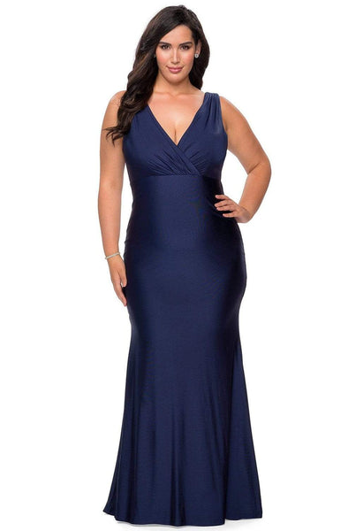 Modest V-neck Floor Length Jersey Sleeveless Fit-and-Flare Sheath Empire Waistline Back Zipper Fitted Sheath Dress/Prom Dress with a Brush/Sweep Train