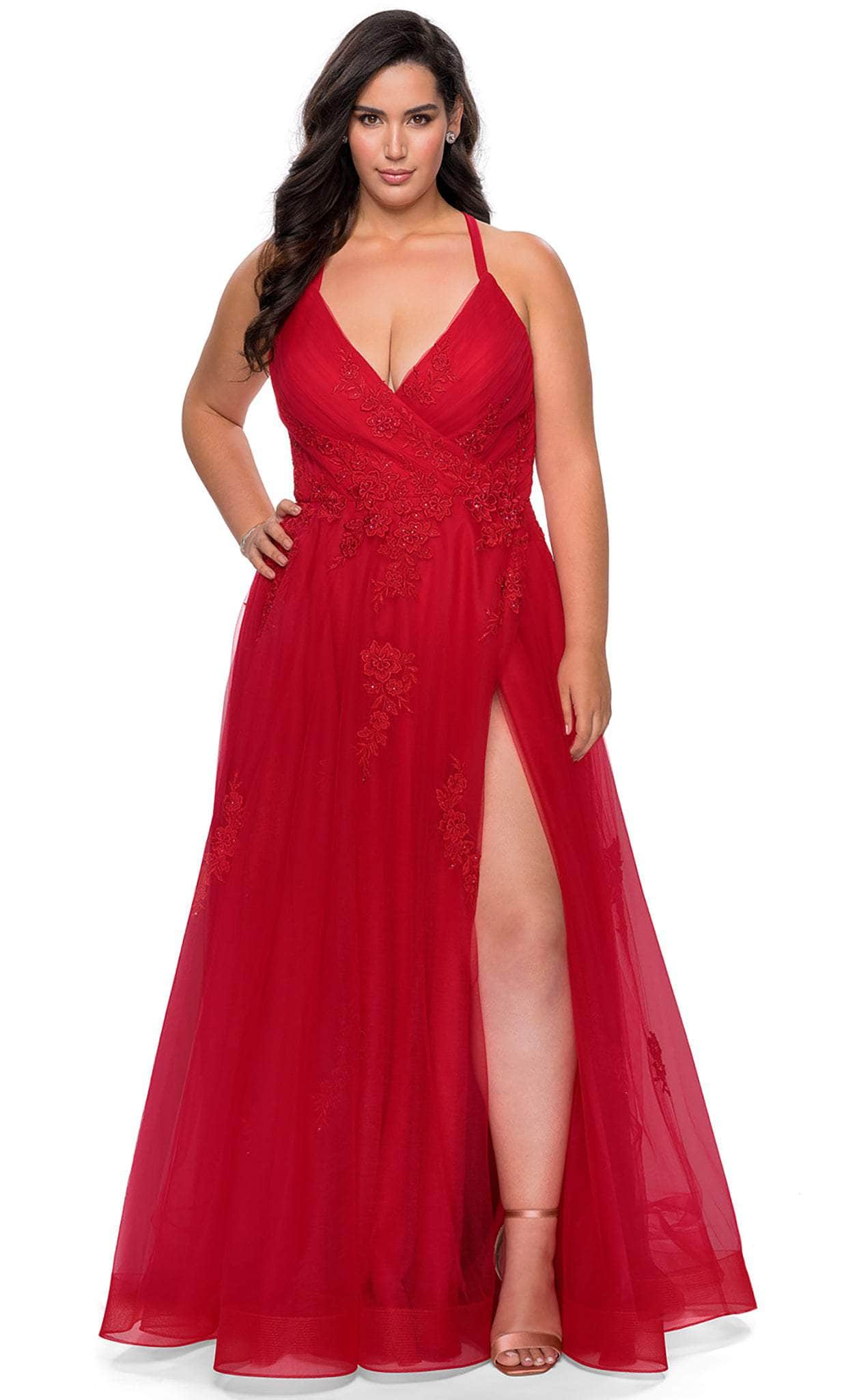 La Femme - 29021 Plunging V-neck Tulle Plus Size Prom Gown
