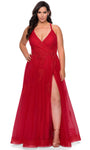 Plus Size A-line V-neck Plunging Neck Tulle Natural Waistline Fitted Back Zipper Applique Sleeveless Floor Length Prom Dress with a Brush/Sweep Train