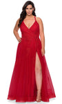 Plus Size A-line V-neck Floor Length Sleeveless Tulle Applique Fitted Back Zipper Natural Waistline Plunging Neck Prom Dress with a Brush/Sweep Train