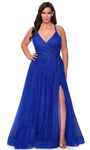 Plus Size A-line V-neck Applique Back Zipper Fitted Natural Waistline Sleeveless Plunging Neck Tulle Floor Length Prom Dress with a Brush/Sweep Train