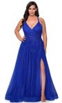 Plus Size A-line V-neck Natural Waistline Plunging Neck Sleeveless Fitted Applique Back Zipper Floor Length Tulle Prom Dress with a Brush/Sweep Train