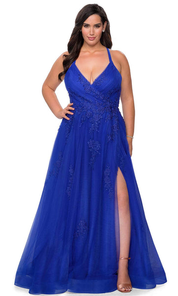 Plus Size A-line V-neck Tulle Applique Back Zipper Fitted Natural Waistline Plunging Neck Sleeveless Floor Length Prom Dress with a Brush/Sweep Train