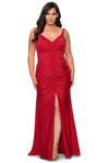 V-neck Mermaid Sleeveless Ruched Slit Jersey Natural Waistline Prom Dress with a Brush/Sweep Train