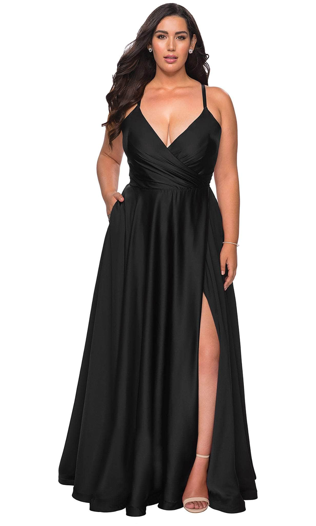 La Femme - 29033 Plunging V-neck Satin A-line Simple Prom Gown
