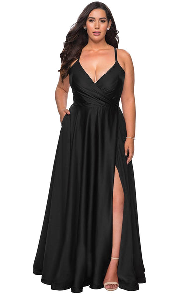 A-line V-neck Sleeveless Satin Pocketed Faux Wrap Back Zipper Slit Lace-Up Natural Waistline Plunging Neck Evening Dress/Prom Dress with a Brush/Sweep Train