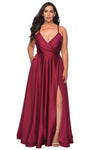 A-line V-neck Satin Back Zipper Pocketed Slit Lace-Up Faux Wrap Natural Waistline Plunging Neck Sleeveless Evening Dress/Prom Dress with a Brush/Sweep Train