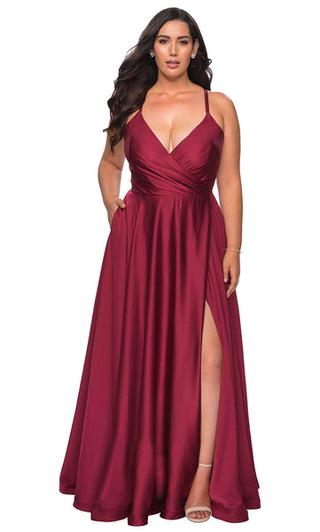 A-line V-neck Faux Wrap Lace-Up Back Zipper Slit Pocketed Natural Waistline Plunging Neck Sleeveless Satin Evening Dress/Prom Dress with a Brush/Sweep Train
